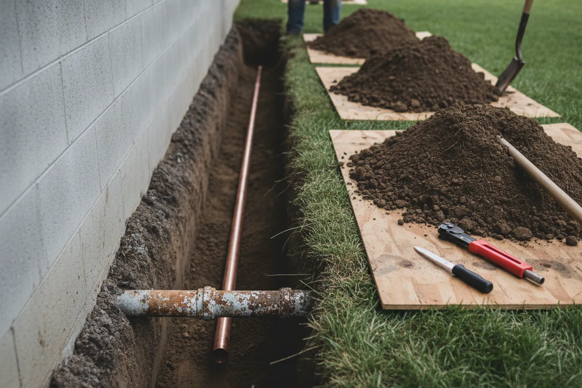 Excavated water line trench during Water Heater Repair in Prairieville